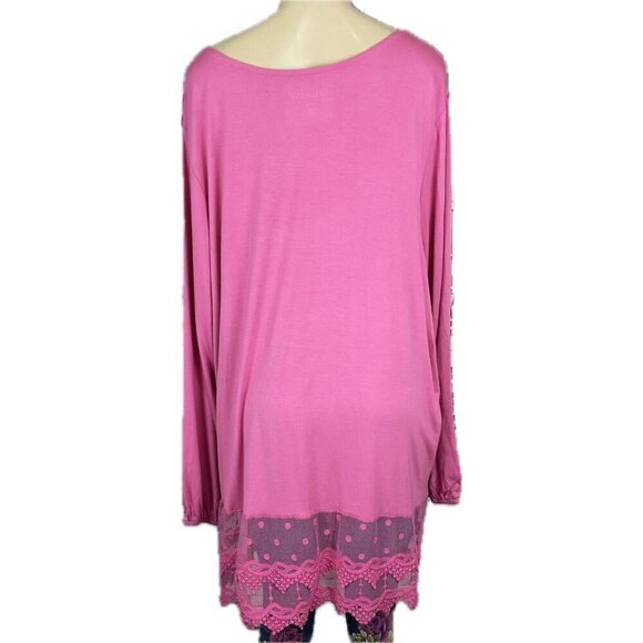 Roaman's 26/28 Pink Scoop Neck Lace Bib Sheer Mesh Scallop Hem Long Sleeve Top - Picture 4 of 6